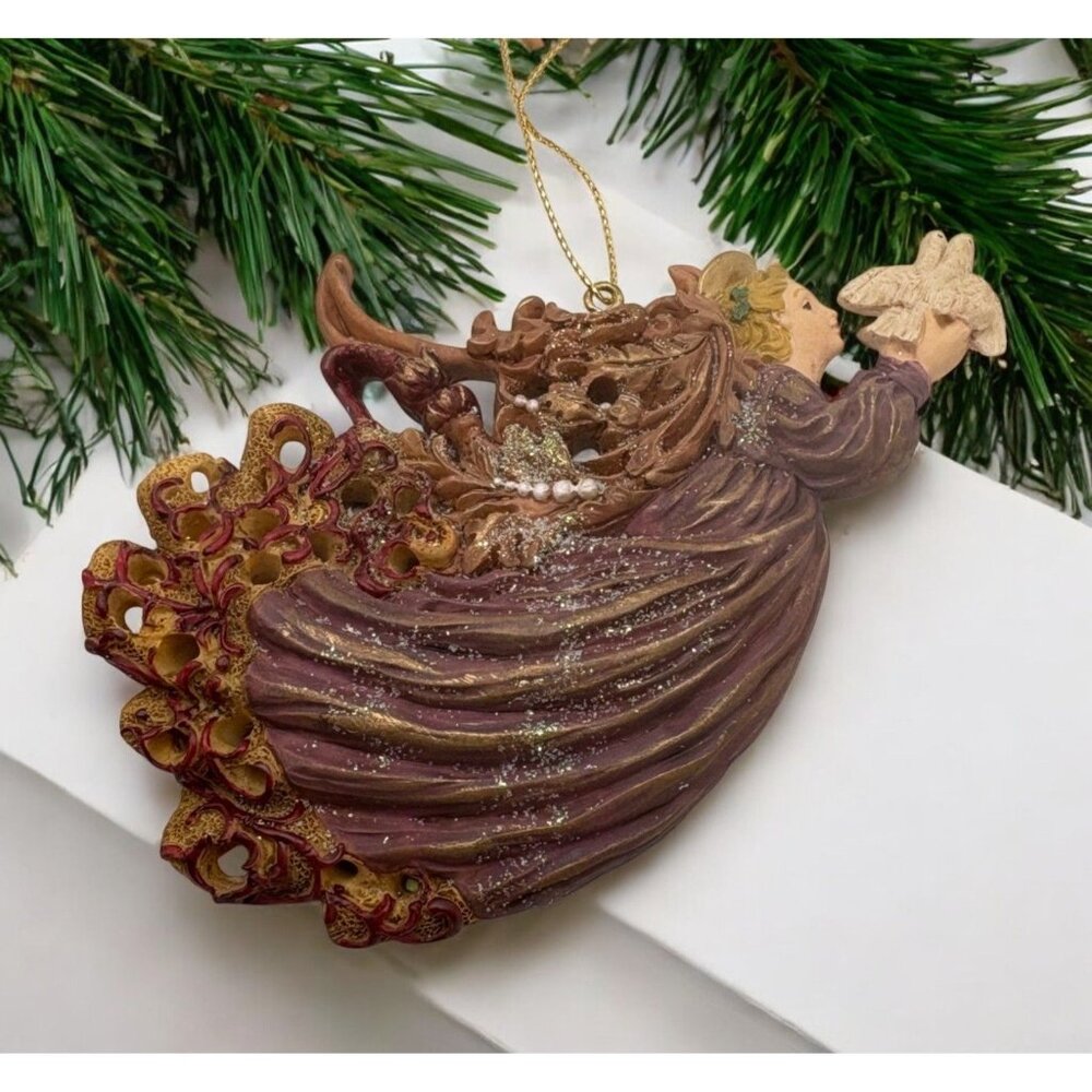 Vintage Victorian Angel with Doves Christmas Tree Ornament Glitter Accents